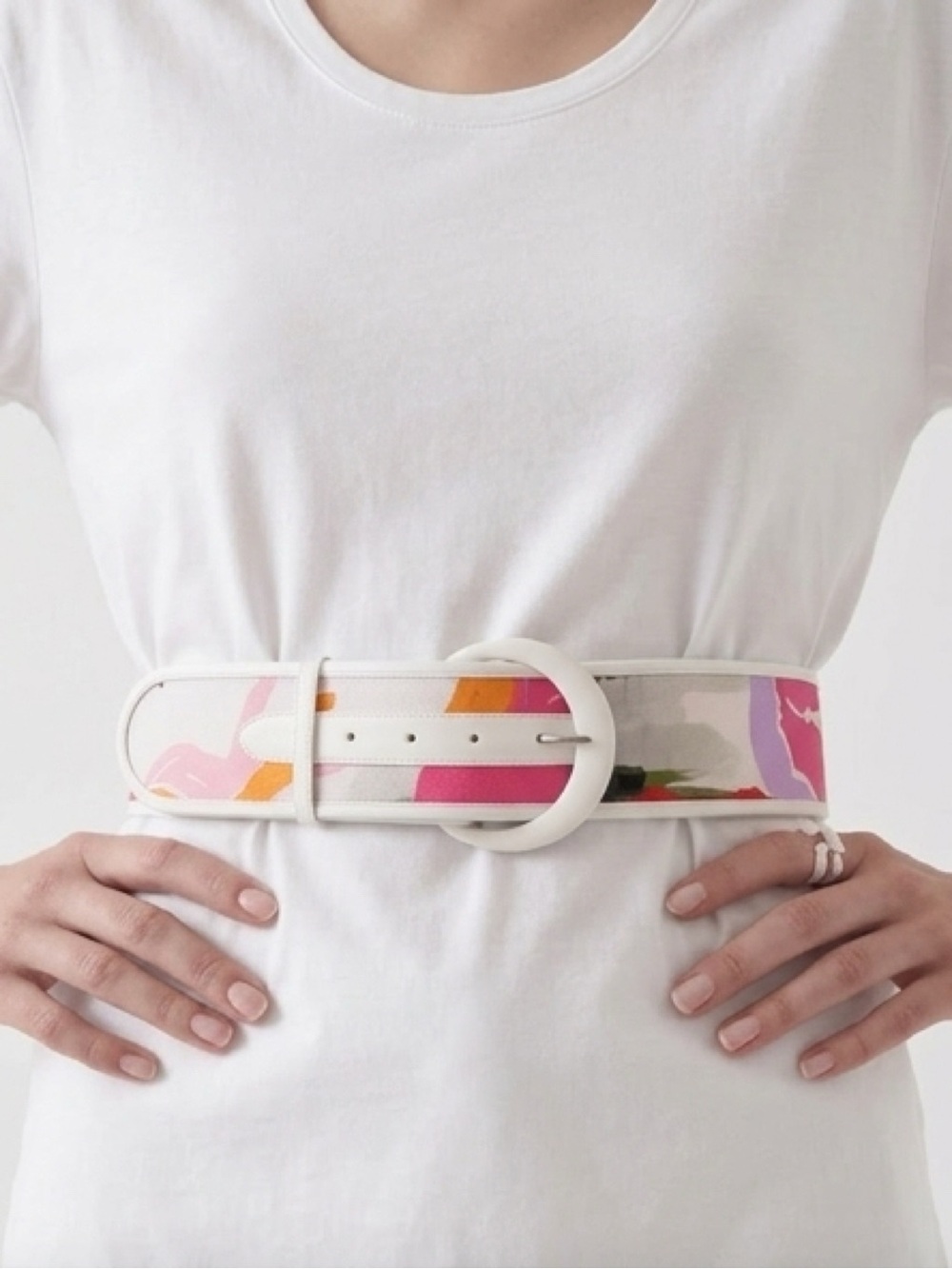 WOMEN’S VINTAGE 80’s PASTEL NEON COLORFUL WIDE BELT CIRCULAR BUCKLE ABSTRACT EUC